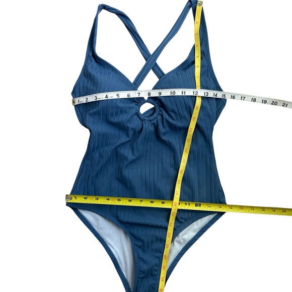 DAVINA Women’s 1-Piece Swimsuit Ribbed Blue Key-Hole Open Tie-Back Light Bra M - Picture 11 of 11